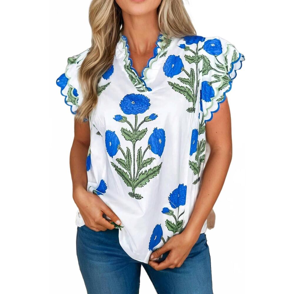 NEW LITTLE DAISY CLOSET flower contrast trim scallop detail short sleeve blouse